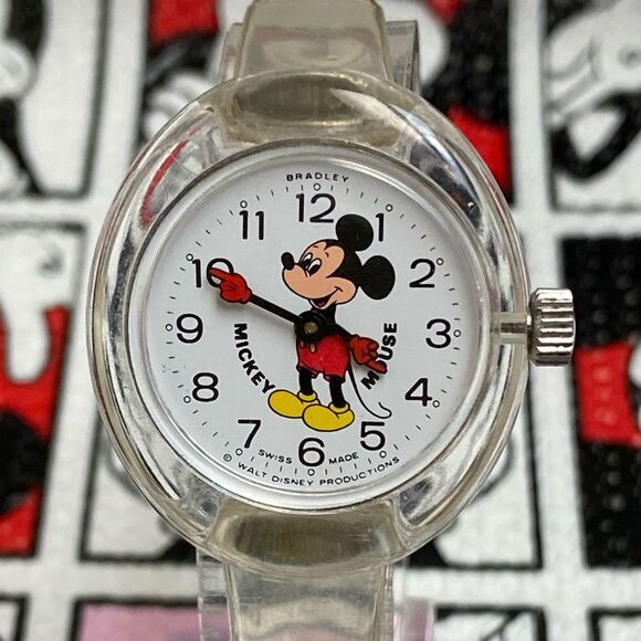 Vintage 70s Bradley x Disney Clear Acrylic Mickey Mouse Bubble Watch Manual Wind - Picture 1 of 17